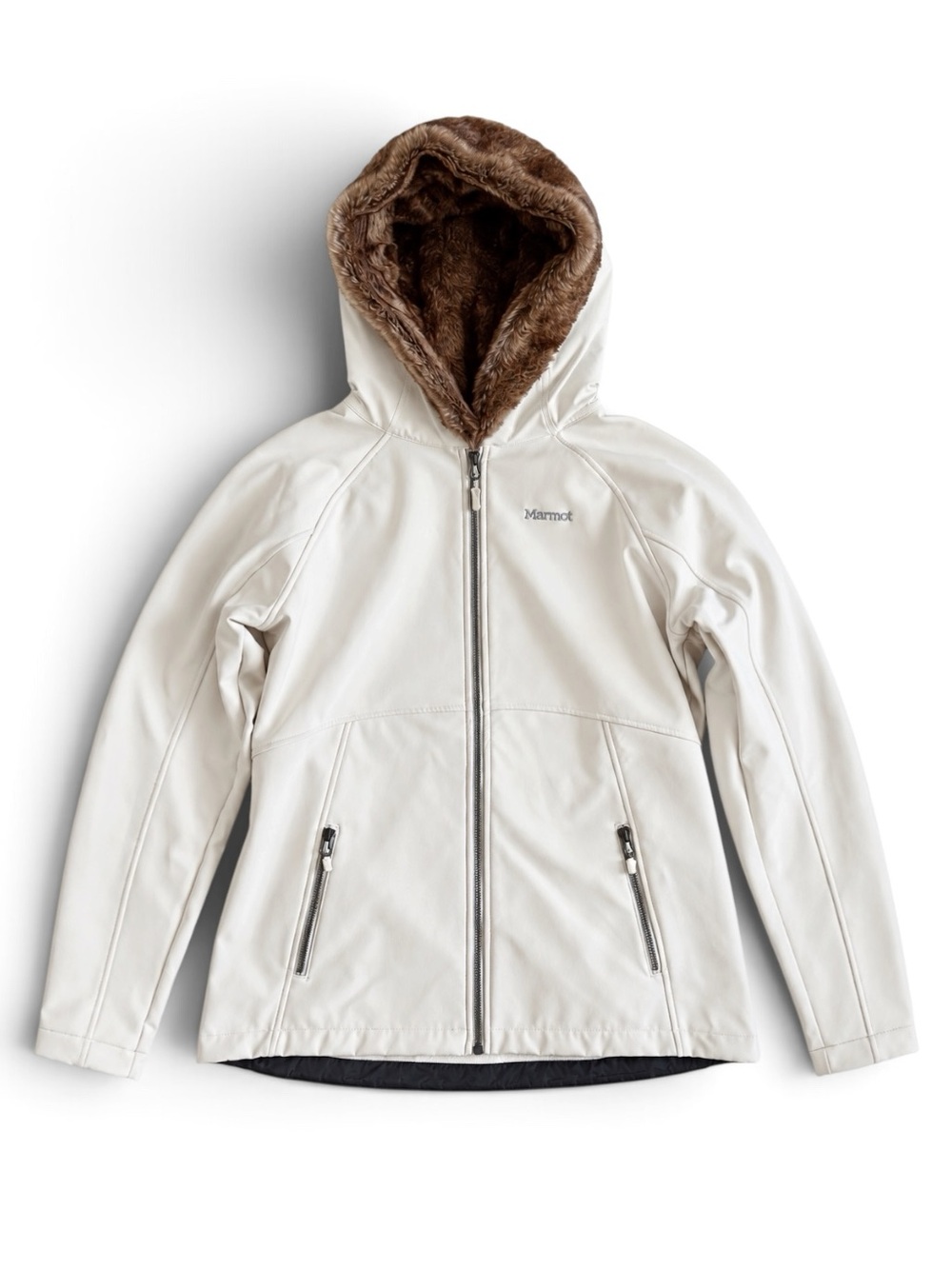 Marmot Faux Fur Hood Fleece Lined Softshell Jacket Ivory Brown XL